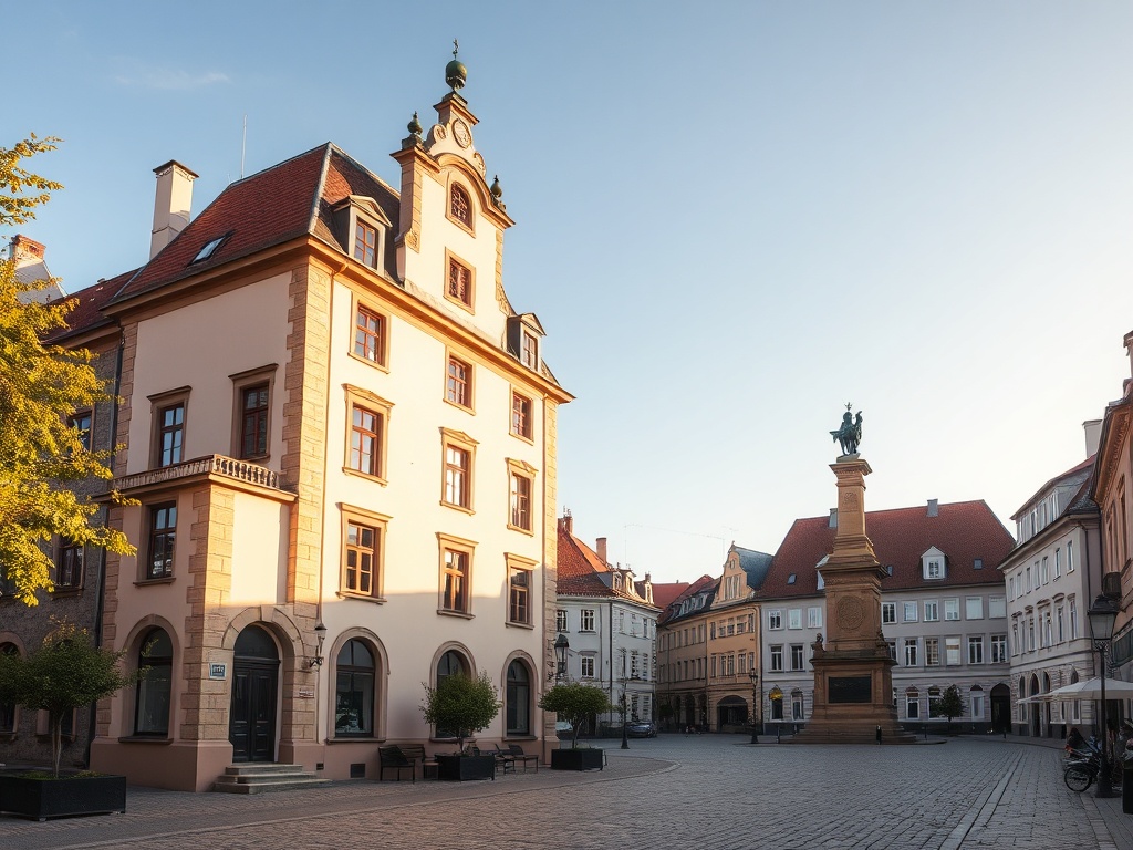 Widok na rynek lub charakterystyczną ulicę Głowna z historyczną zabudową.
