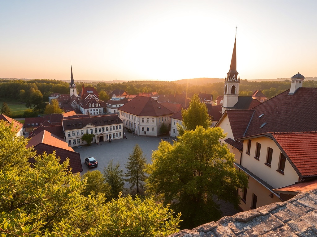 Malowniczy krajobraz z widokiem na miasteczko Głowno i okoliczne tereny zielone.