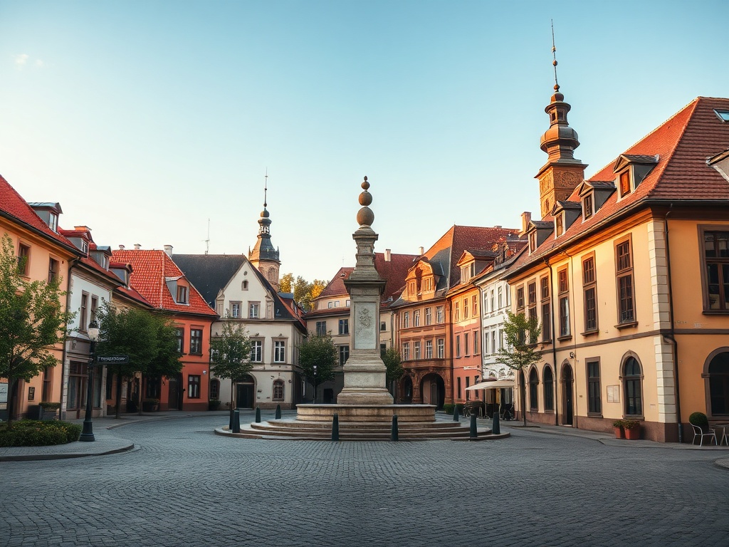 Widok na rynek w Głownie z zabytkowymi kamienicami i ratuszem