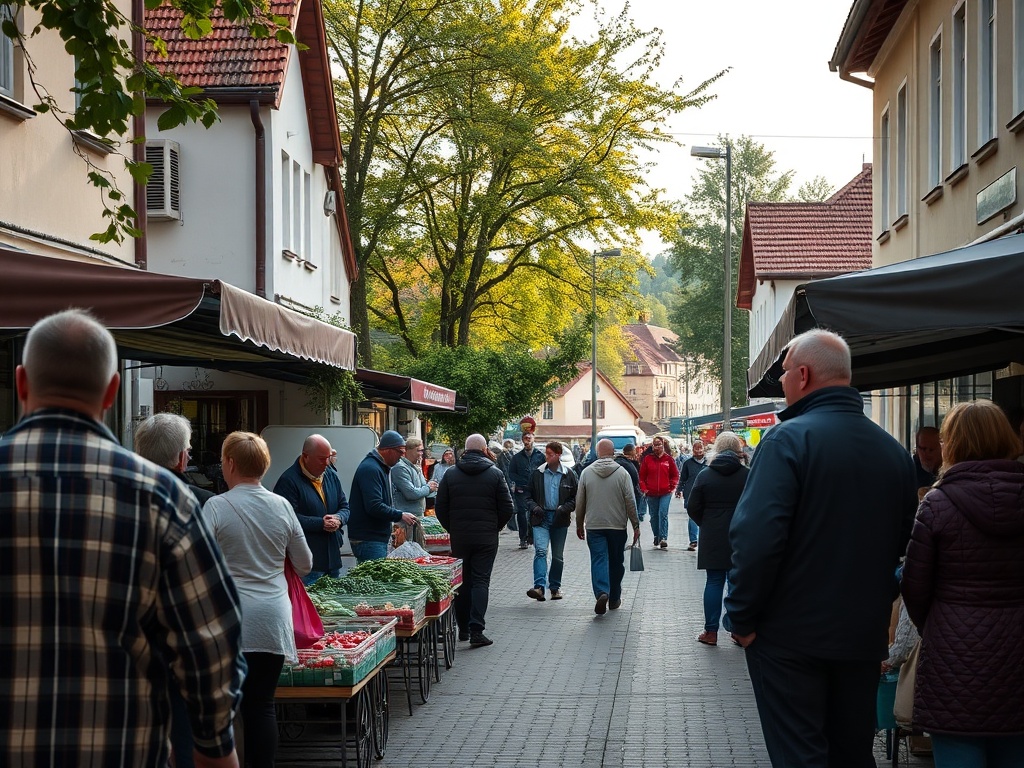 Widok na rynek w Głownie z ratuszem i kolorowymi kamieniczkami